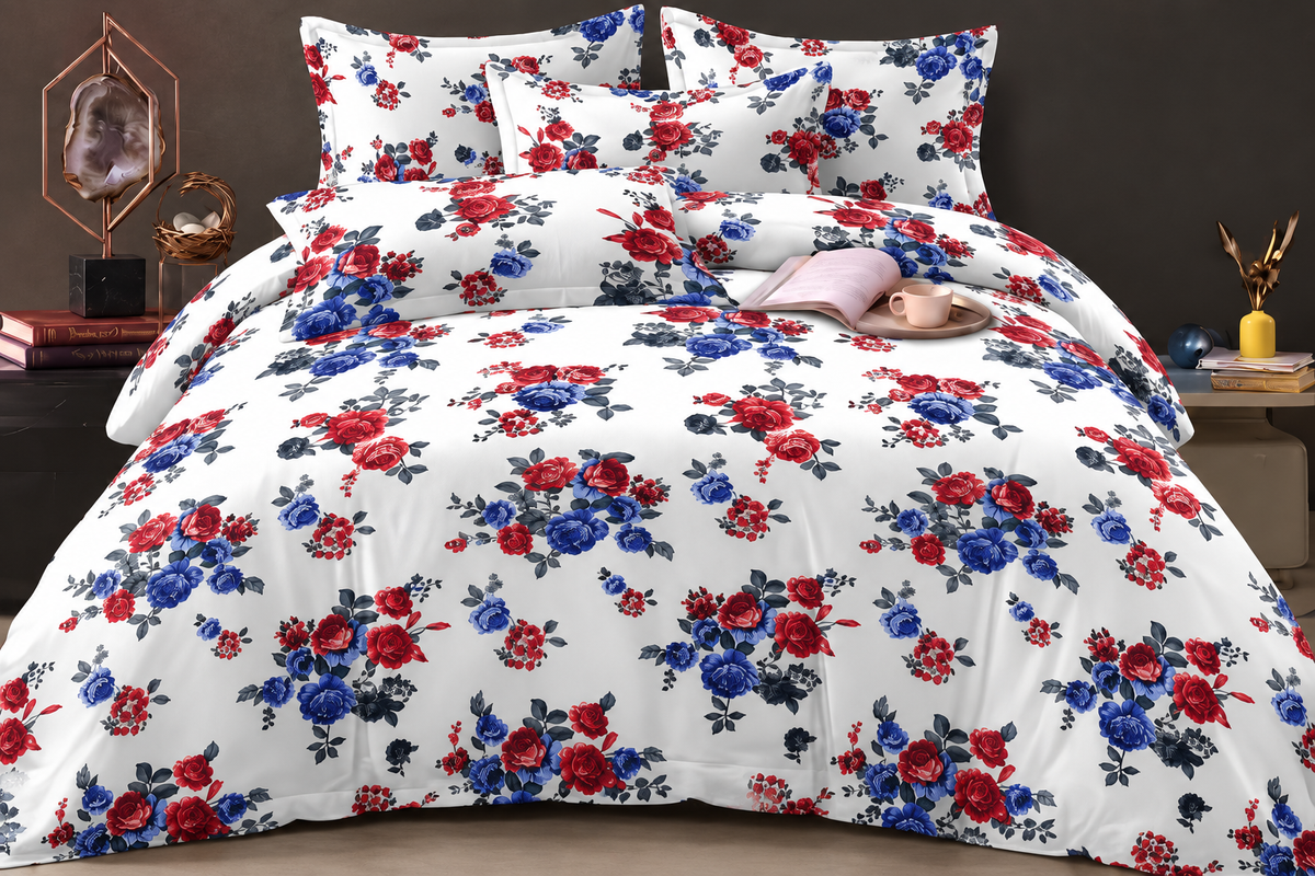 Elga Signature Bedsheet Design 12 — White with red and blue rose print
