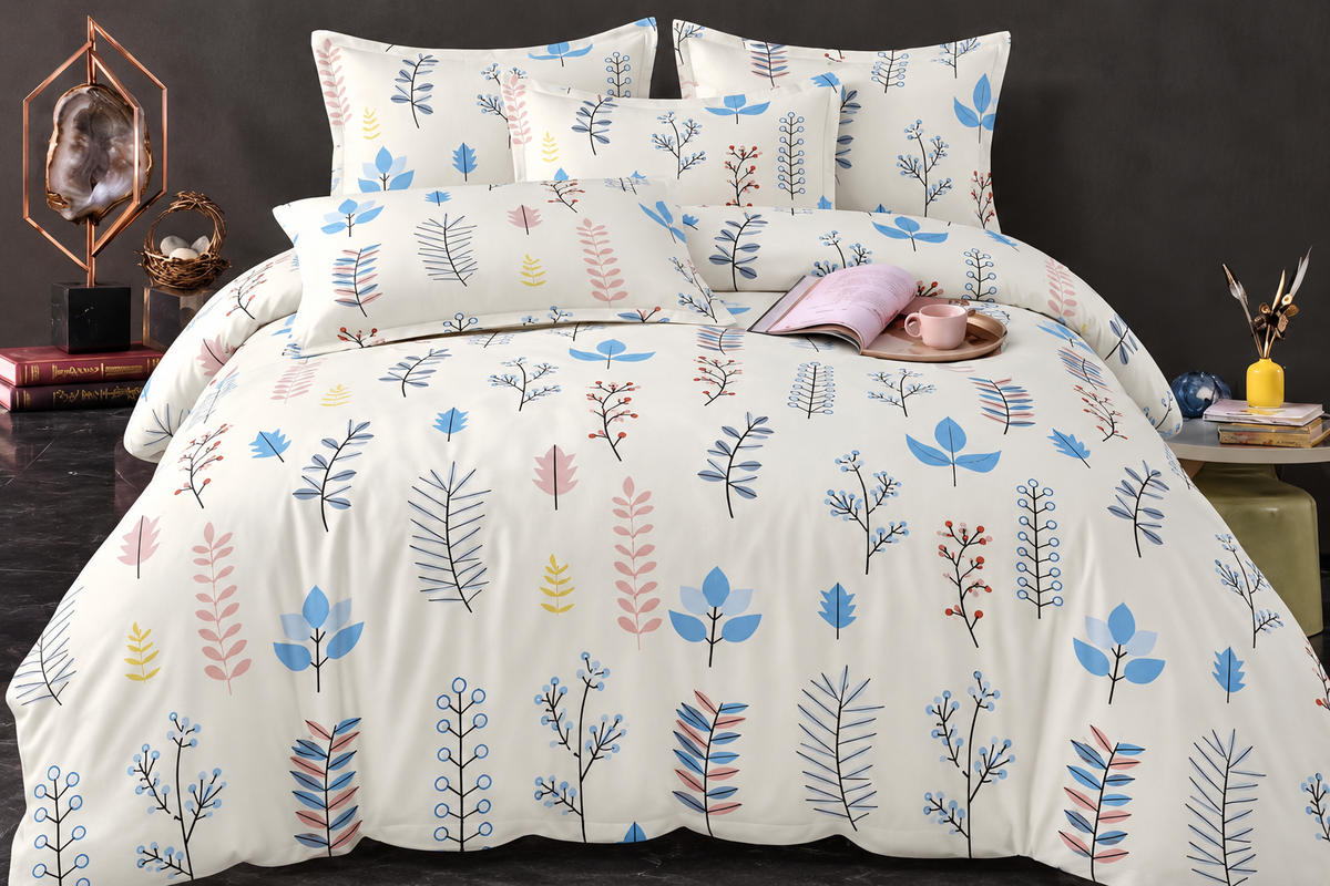 Elga Signature Bedsheet Design 13 — Cream with pastel botanical print