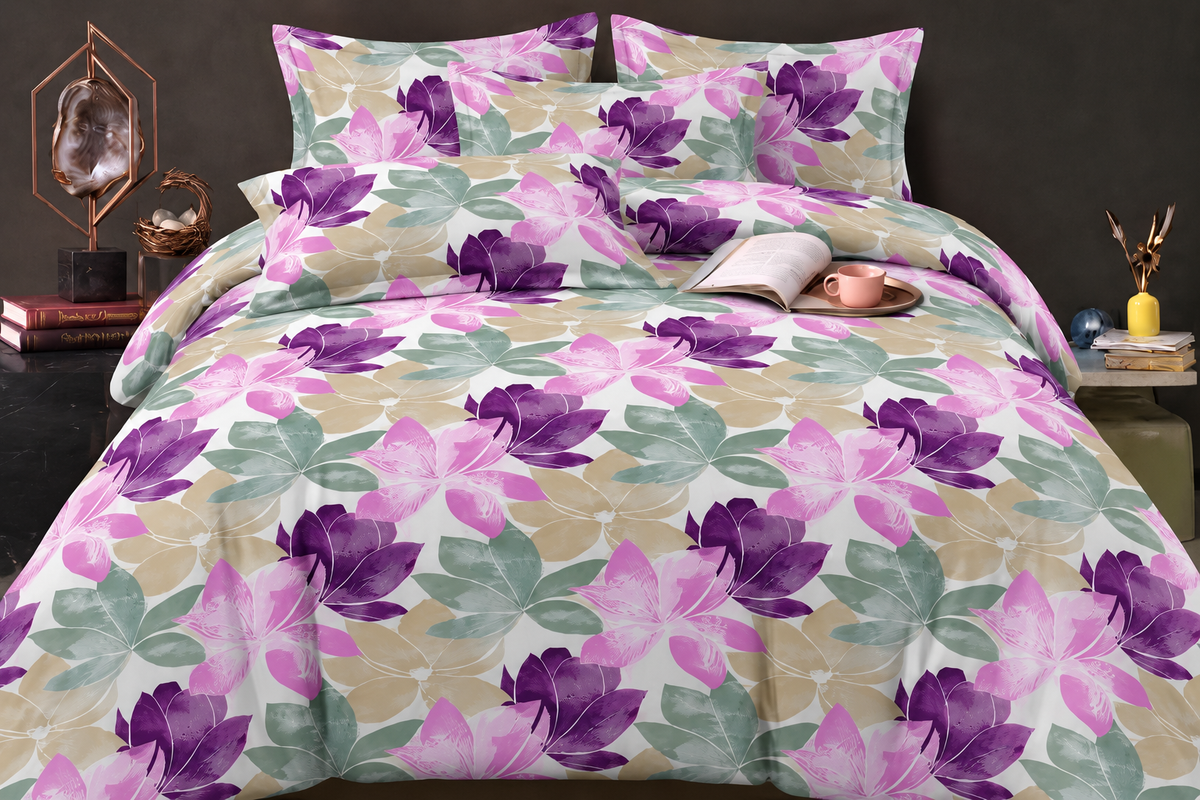 Elga Signature Bedsheet Design 18 — Purple pink and sage leaf print