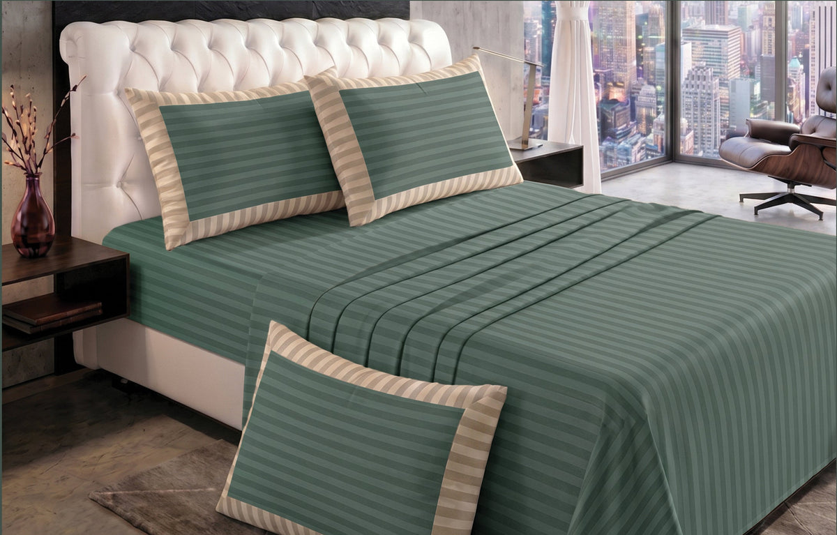 A product listing graphic for a Royal Fit bedding set, showing a bed dressed in a green striped sheet and pillowcases with beige and white striped borders. The graphic includes the 'ROYAL FIT' brand logo, product specifications, and a QR code on a beige damask-patterned background.