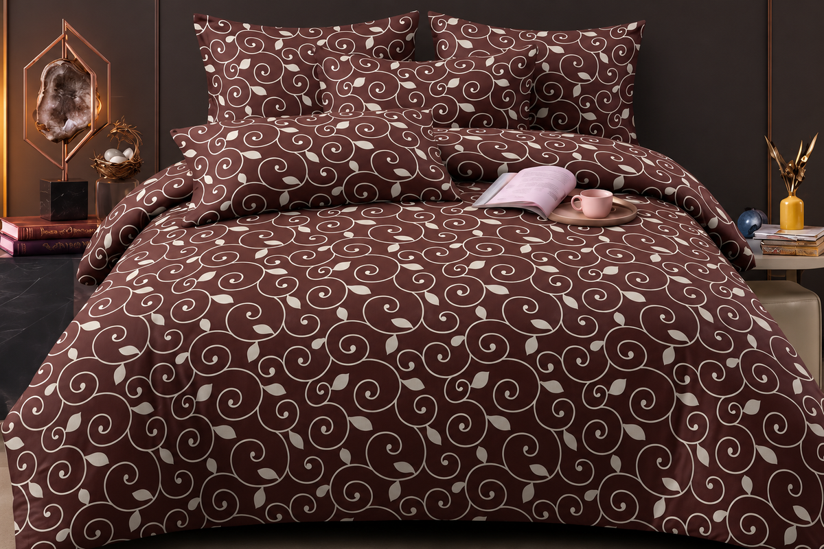 Elga Signature Bedsheet Design 03 — Brown and cream scrolling vine print