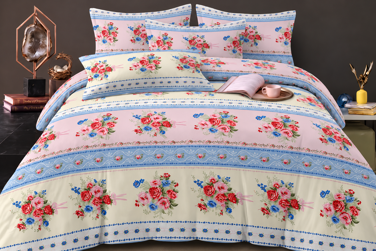 Elga Signature Bedsheet Design 08 — Pastel rose bouquet stripe print