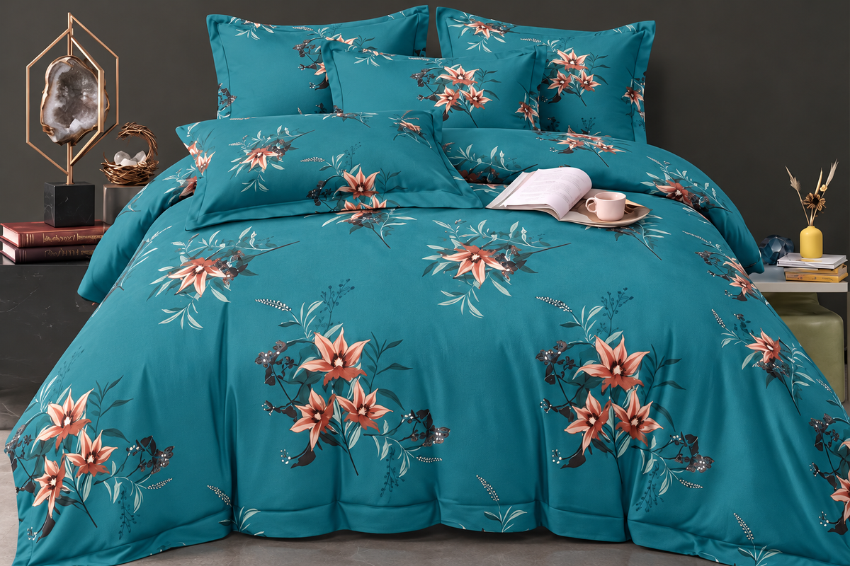Elga Signature Bedsheet Design 09 — Teal with peach floral print