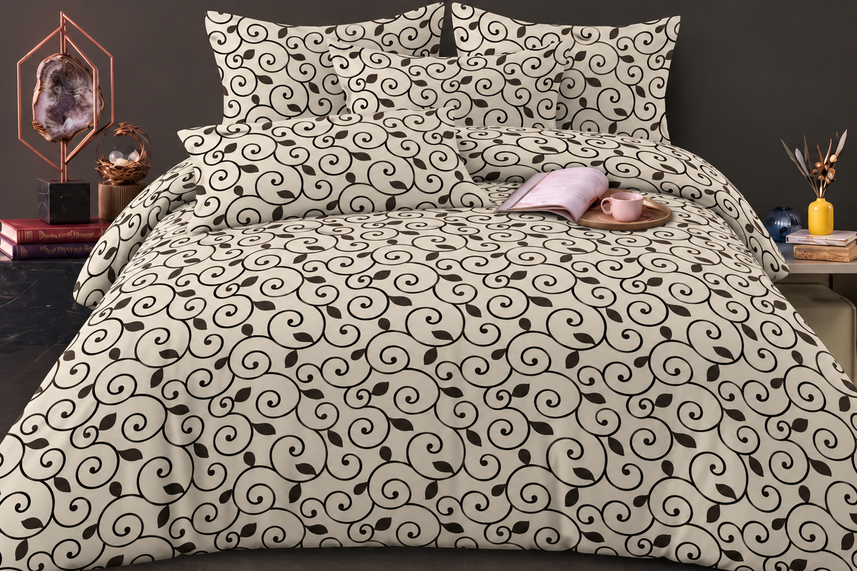 Elga Signature Bedsheet Design 11 — Cream with black scrolling vine print