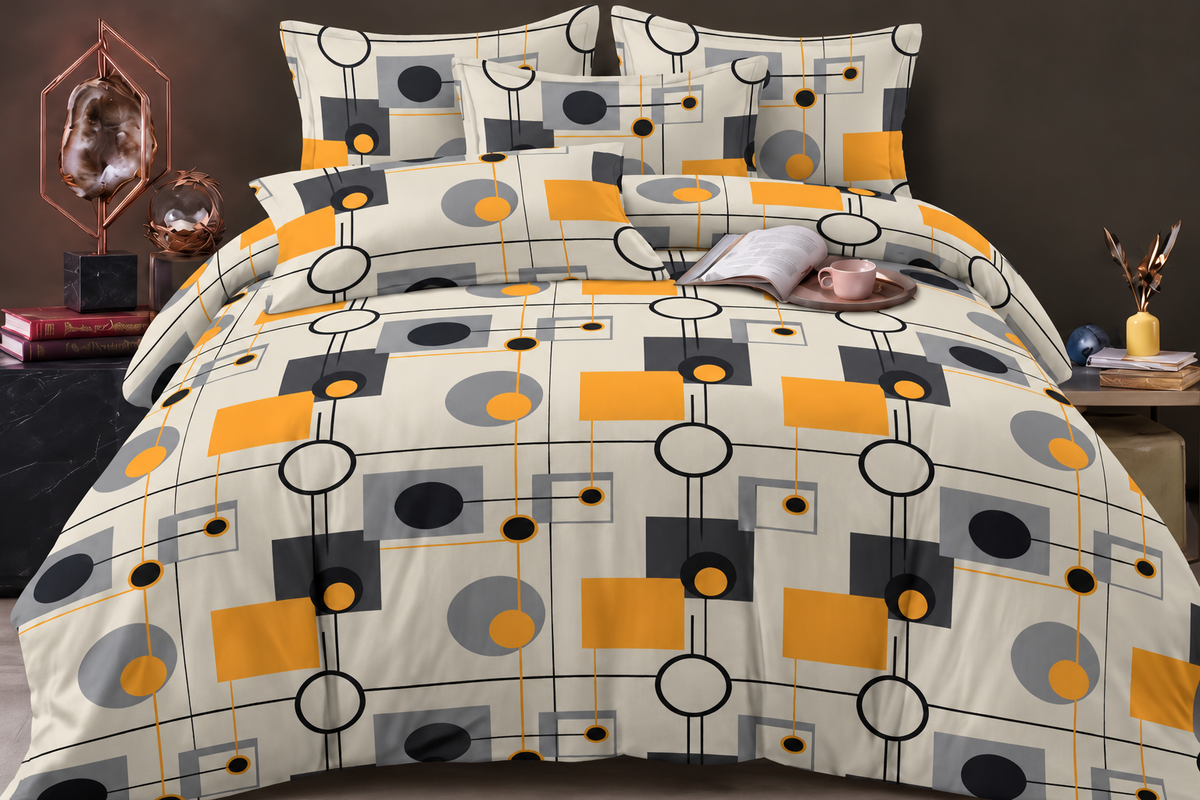 Elga Signature Bedsheet Design 17 — Cream grey and mustard geometric print