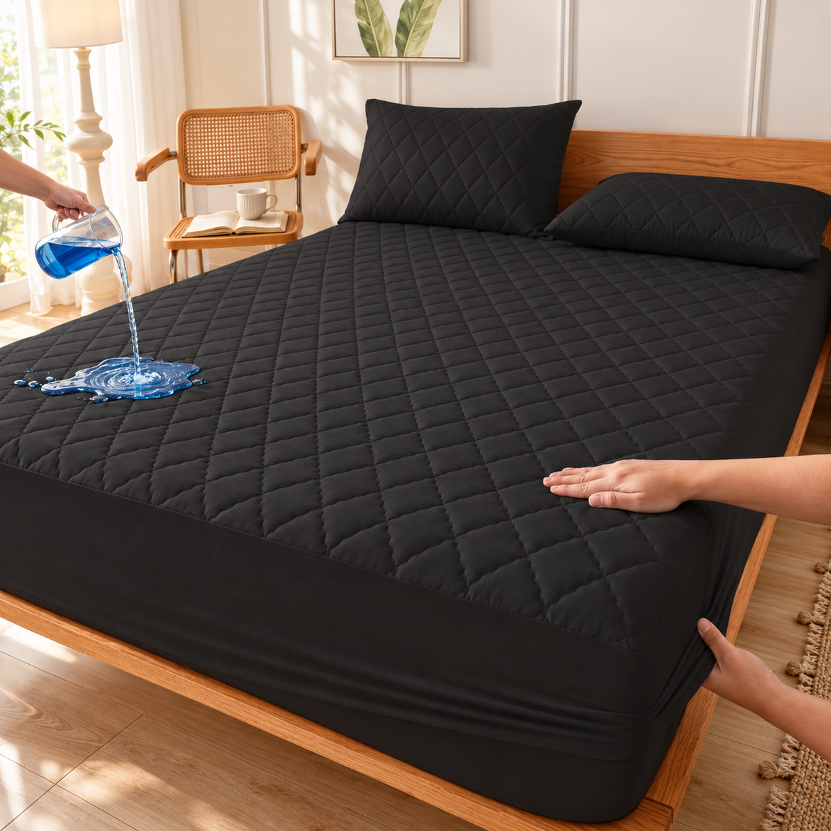 Black quilted waterproof mattress protector